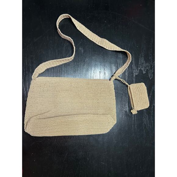 Y2K woven knit handbag- beige with shaped shell accents - includes coin purse - Picture 2 of 7